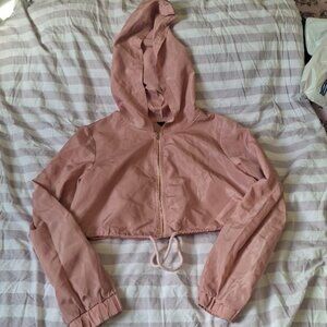 Shein Pink Hooded Cropped Windbreaker Jacket Full Zip Drawstring Lightweight S